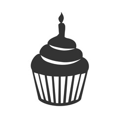 Cupcake Silhouette for Birthday and Celebration Designs. Stylized Black and White Cupcake with candle. Sweet Delight. Vector Icon