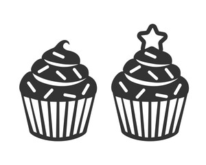 Cupcake Silhouettes with Toppings for Birthday and Celebration Designs. Stylized Black and White Cupcake with Star. Sweet Delight. Vector Icon Set
