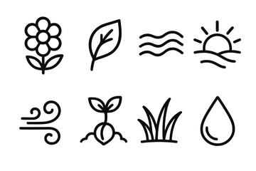 Obraz premium Nature Icons Series. Nature Vitality set in outline vector style: blooming flower, vibrant leaf, flowing stream, rising sun, wind swirl, sprouting seed, lively meadow icon, dew droplet