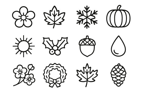 Seasonal Icon Collection. Seasonal Adornments set in outline vector style : flower blossom, autumn leaf, snowflake, pumpkin, sun, holly, acorn, raindrop, pinecone, cherry blossom, wreath, maple leaf