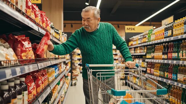 Senior man shopping in grocery store