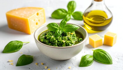 Pesto Sauce with Basil and Parmesan Cheese Still Life.