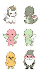 Obraz premium A collection of cute Kawaii Sticker characters including unicorns, dragons, and animals in a playful illustration