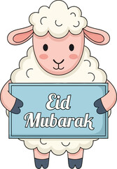Naklejka premium Adorable cartoon sheep holding a festive Eid Mubarak sign with a cheerful expression perfect for