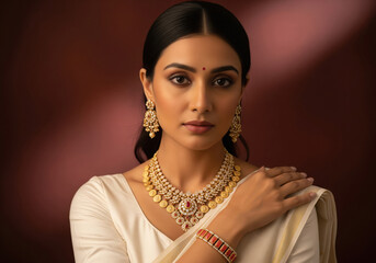young indian woman wearing traditional jewelery standing on isolated background