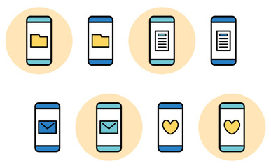 スマートフォンのアプリ機能アイコンセットのフォルダとメールとドキュメントとお気に入りのUIイラスト