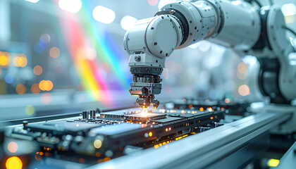 Precision Assembly: A robotic arm meticulously places a microchip on a circuit board, symbolizing the cutting edge of technological advancement and automation in manufacturing.