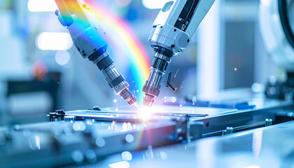 Robotic precision: Automated robots working together in a state-of-the-art manufacturing setting, with a beautiful arc of rainbow symbolizing innovation and technical advancement.