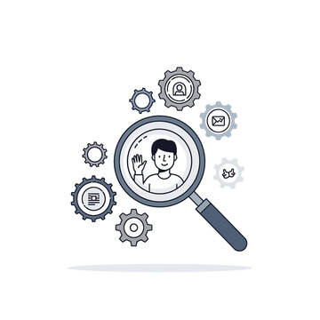 Magnifying glass finds person profile icon among gears and icons, human resources concept