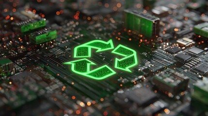 Glowing green recycling symbol on a circuit board, close-up. Technology and sustainability