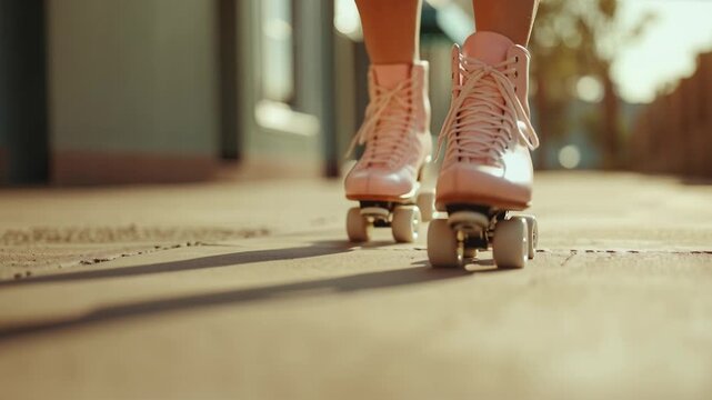 Female feet in vintage pink roller skates cruising on a sidewalk during a sunny day