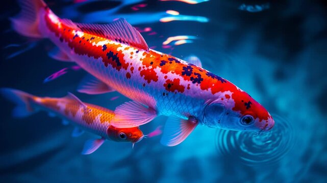 Two vibrant koi fish swimming gracefully in a tranquil pond with mesmerizing neon lights reflecting