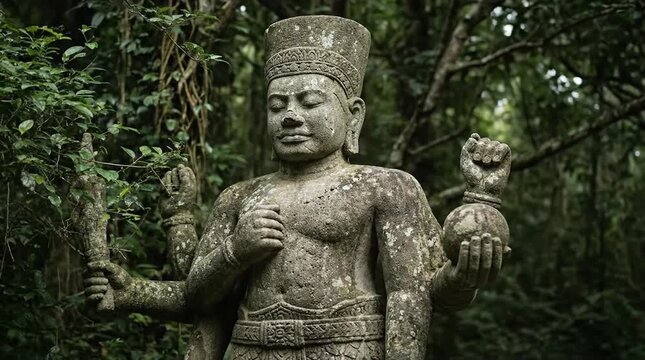 Ancient weathered stone statue of a multi-armed deity, adorned with a traditional headdress, standing serenely amidst dense tropical jungle foliage...