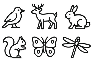 Obraz premium Wildlife Icons Collection. Footpath Wildlife set in outline vector style : bird, deer, rabbit, fox, squirrel, butterfly, dragonfly, fish