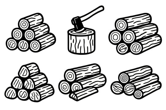 Chopped Wood Icons. Stacked firewoodset in outline vector style chopped logs, wood pile, bark texture, cut ends, stacked arrangement, axe
