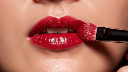 Closeup of woman applying red lipstick