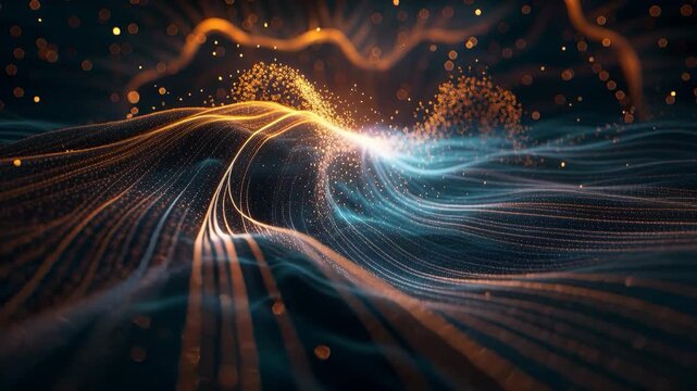 Orange and blue light trails with particles creating a glowing wave like digital landscape