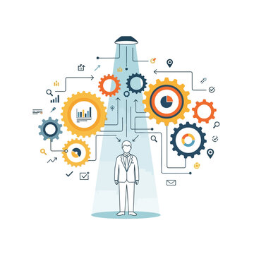 Business process optimization, workflow, strategy, gears, analytics, and person