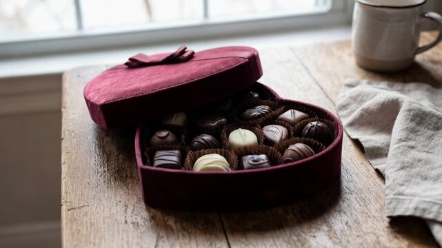 Romantic heart shaped velvet box full of assorted chocolates sitting on a rustic wooden table