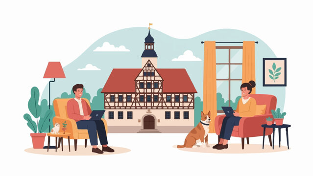 Couple working remotely on laptops in cozy chairs with pets, half-timbered building background