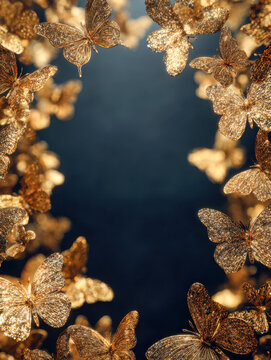 Golden delicate butterflies forming a glowing frame on a dark background with intricate shimmering wings and enchanting light effects visible in nature-inspired art