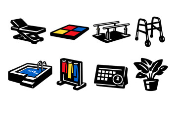 Rehab Icon Set. Rehab environment icon set in silhouette bold style. Contain treatment table, therapy mat, support rail, walker, water therapy pool, physio band rack, appointment card, soothing plant