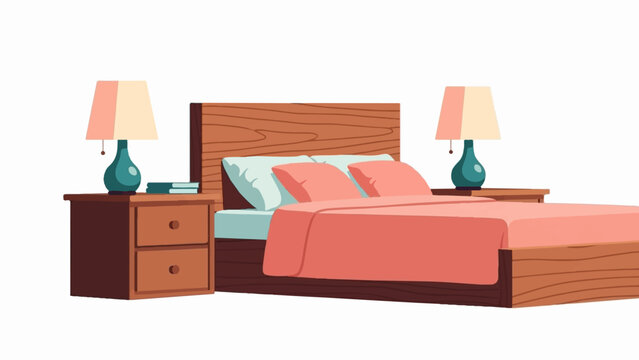 Cozy bedroom scene with a wooden bed, coral bedding, and bedside lamps