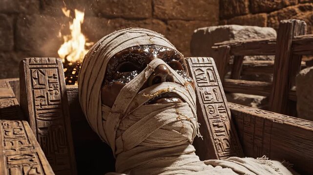 Mummy in ancient coffin with fire