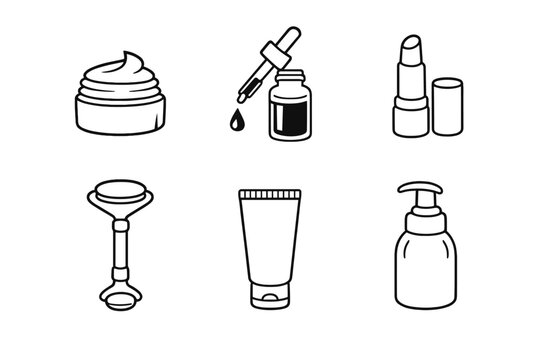 Skincare Essentials Icons. Skincare and makeupset in outline vector style face cream jar, serum dropper, lip balm, facial roller, sunscreen tube, cleansing foam