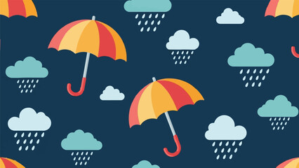 Colorful umbrellas and raining clouds adorn a dark blue background