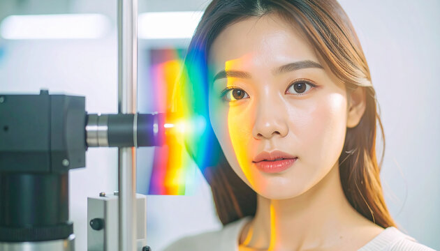 Spectrum Study: Captivating image of a scientist with beautiful face, observing the mesmerizing colors of a spectrum through scientific equipment, where innovation meets elegance.