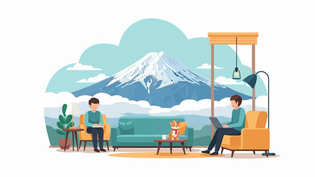 Cozy indoor scene with a majestic mountain view, two people, and a dog