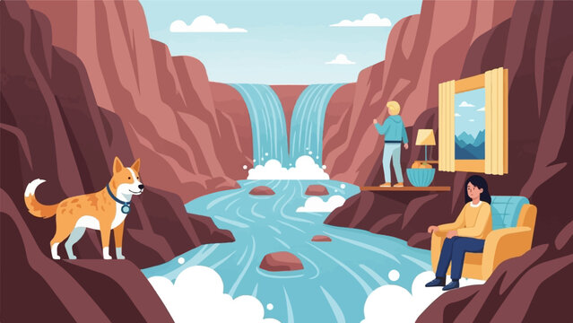 Cozy indoor scene with a dog, waterfall, and people in a canyon