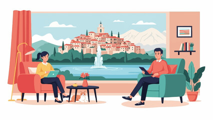 Naklejka premium Cozy interior with people relaxing, viewing a picturesque lakeside town and mountains through a large window