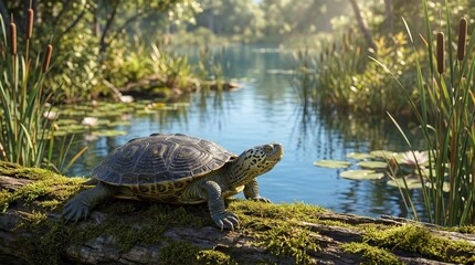 Diamondback Terrapin on Mossy Log, Serene Wetland Wildlife
