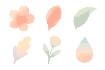Isometric Bloom Icons. Washed Petal Forms set in isometric flat vector : airy bloom, soft ink bleed, pale leaf arc, gentle watercolor plume, diffuse stem, pastel droplet