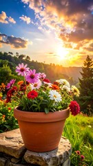 Flowers in a pot set against a sunset sky backdrop with rolling hills and trees in the background