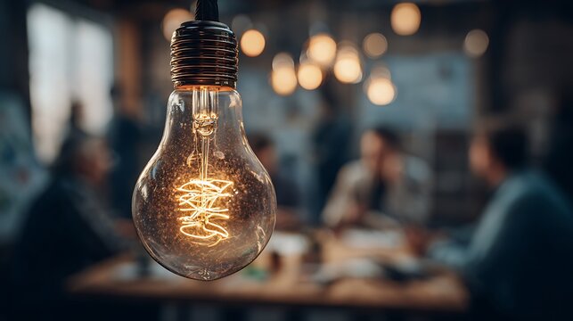 Glowing lightbulb in focus, others blurry, suggesting brainstorming and ideas with people