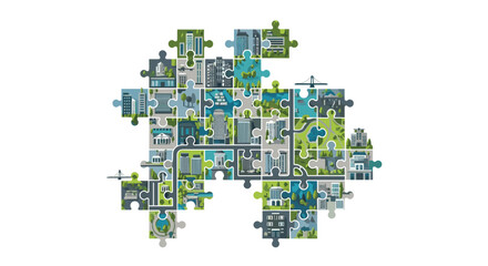Obraz premium Puzzle pieces forming a complex city map with roads and buildings, Generative AI.