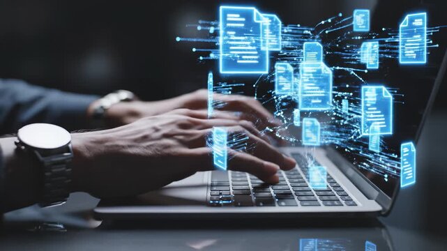 Hands typing on laptop with digital data