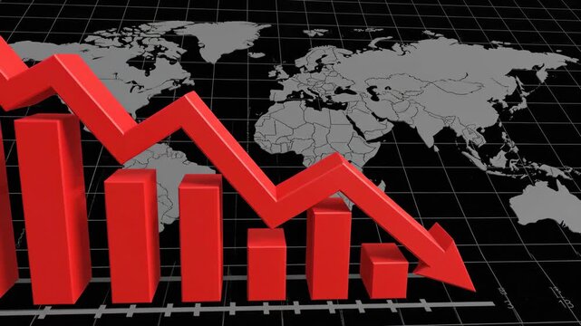 Red bar graph and arrow showing global decline. Financial downturn indicator, falling sales, data visualization of world economy.