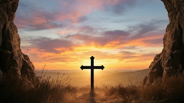 Christian Cross Silhouette at Sunset/Sunrise, Framed by Cave Entrance with Vibrant Sky, Symbol of Hope and Resurrection