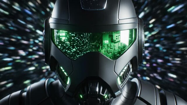 Futuristic Black Astronaut Helmet with Green Visor Reflecting Circuitry Amidst Starburst Galaxy Lights