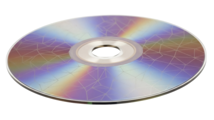 Compact disc isolated PNG on transparent background, optical storage medium with rainbow reflection and geometric pattern for data and music