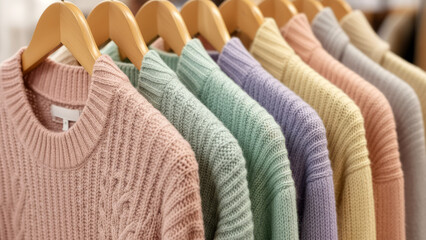 Wool sweaters hanging in the closet. Cozy autumn and winter wardrobe, warm knitted dress close-up, retail clothing background. 