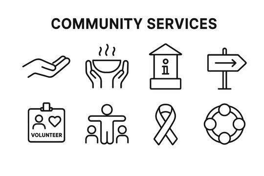 Community Support Icons. Community Services set in outline vector style: helping hand, shared meal bowl, information kiosk, guidance arrow, volunteer badge, outreach icon, support ribbon, unity circle