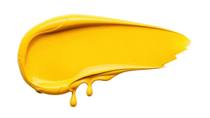 Vibrant yellow paint stroke PNG isolated on transparent background, thick brushstroke with drips...