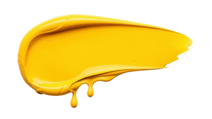 Vibrant yellow paint stroke PNG isolated on transparent background, thick brushstroke with drips for artistic design and creative projects