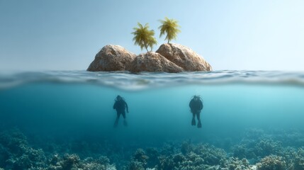 Two divers are exploring a vibrant coral reef beneath the surface of crystal clear turquoise water near a small, idyllic tropical island with palm trees, creating a serene and adventurous scene