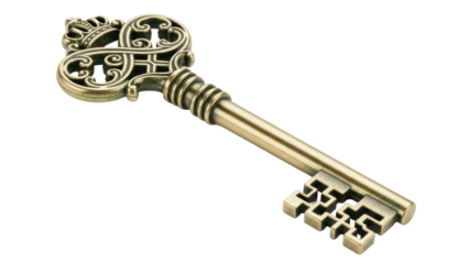 Antique golden key PNG isolated on transparent background, vintage ornate key with crown for design elements and security concepts